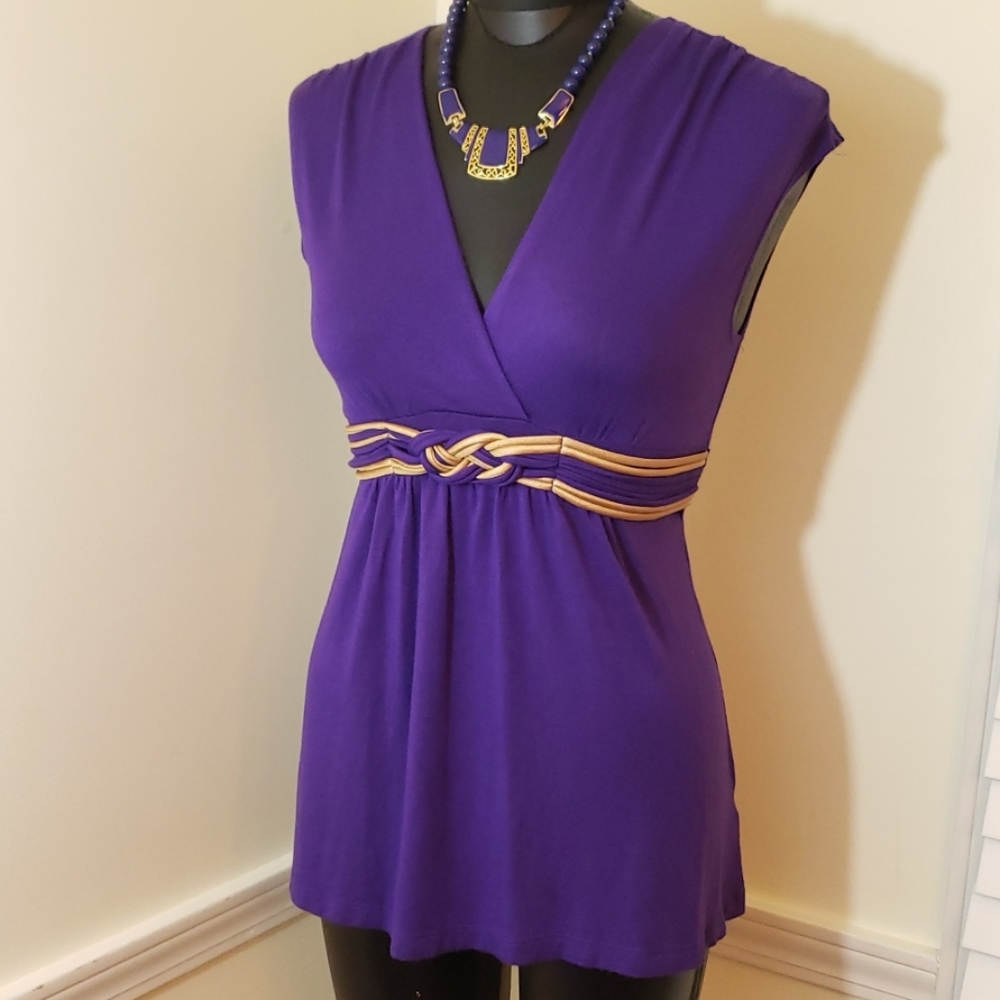 Sz L Purple Vneck No Sleeve Top w gold/purple Belt